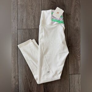 Fabletics Boost PowerHold High-Waisted 7/8 Legging, Egret with Purple & Green